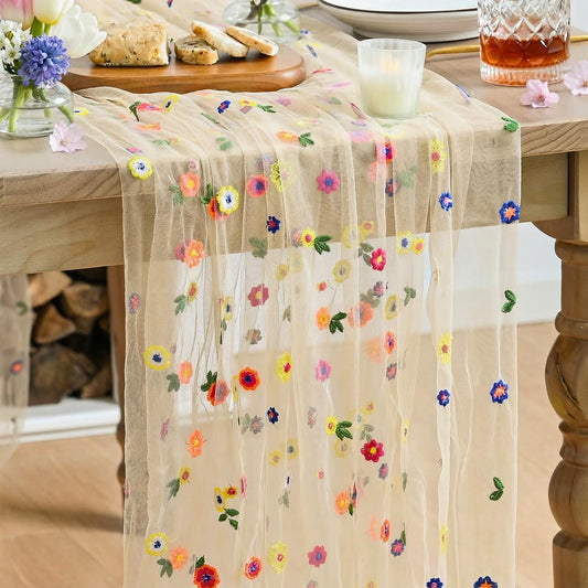 Champagne Embroidery Daisy Gauze Table Runner 120 Inch 10FT, Seasonal Sheer Kitchen Dining Holiday Wedding V1258-DP02-B-1578