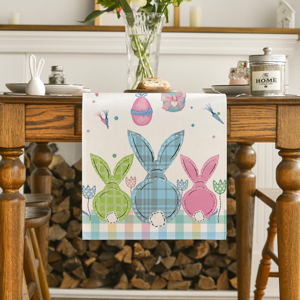 Buffalo Plaid Bunny Egg Carrot Easter Table Runner, Seasonal Spring Kitchen Dining Table Decoration for Home V1258-DP02-B-1579