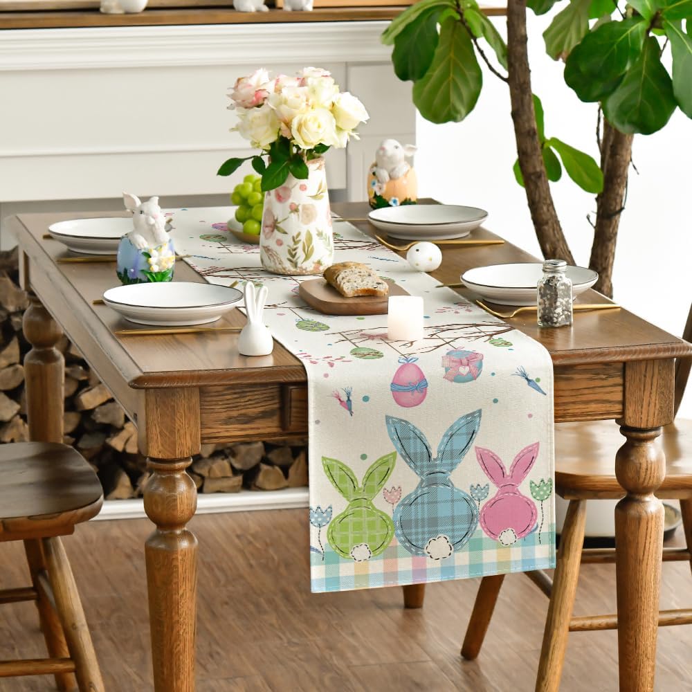 Buffalo Plaid Bunny Egg Carrot Easter Table Runner, Seasonal Spring Kitchen Dining Table Decoration for Home V1258-DP02-B-1579