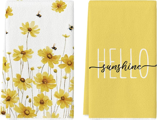 Yellow Flowers Bee Hello Sunshine Spring Kitchen Towels Dish Towels, 18x26 Inch Summer Holiday Decoration V1258-DP02-B-1580