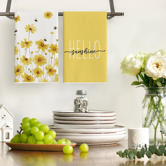 Yellow Flowers Bee Hello Sunshine Spring Kitchen Towels Dish Towels, 18x26 Inch Summer Holiday Decoration V1258-DP02-B-1580