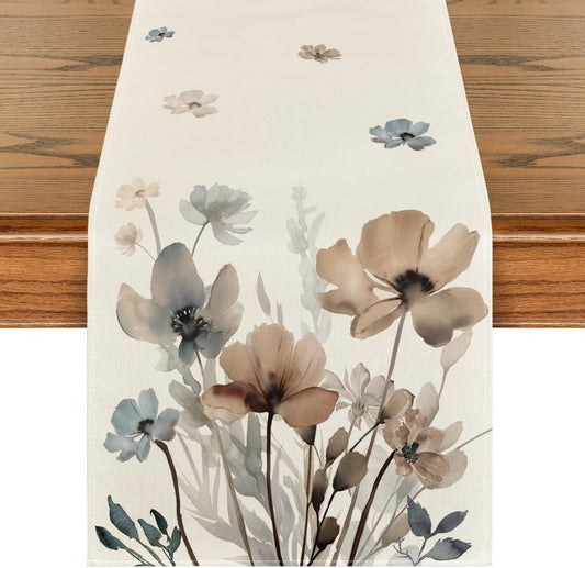 Brown Poppy Floral Leaves Spring Table Runner, Seasonal Summer Kitchen Dining Table Decoration for Home Party V1258-DP02-B-1581