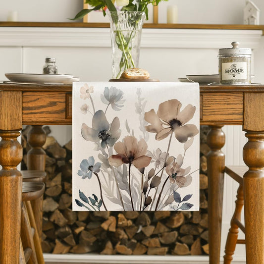 Brown Poppy Floral Leaves Spring Table Runner, Seasonal Summer Kitchen Dining Table Decoration for Home Party V1258-DP02-B-1581