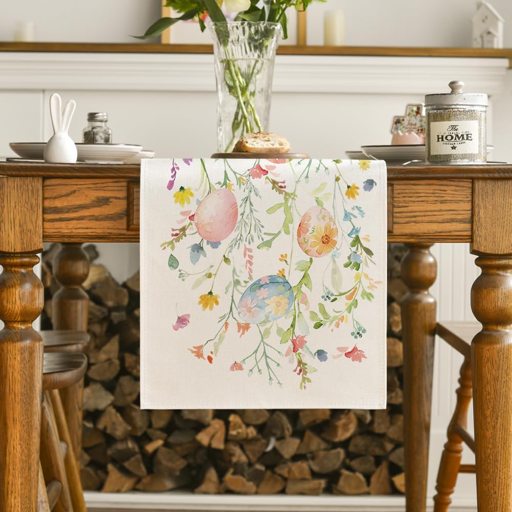 Wild Flowers Eggs Easter Table Runner,Seasonal Spring Floral Kitchen Dining Table Decoration for Home Party V1258-DP02-B-1582