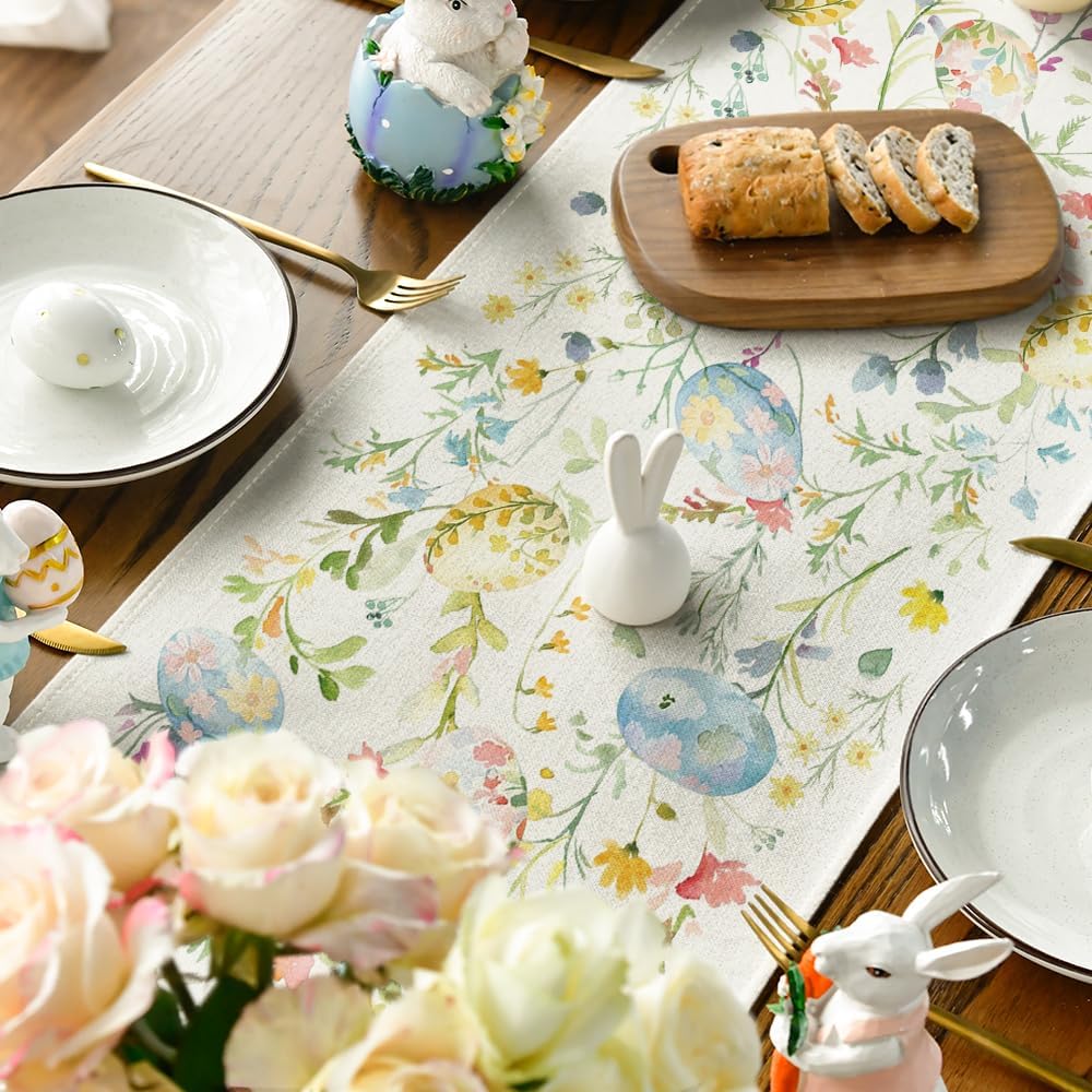 Wild Flowers Eggs Easter Table Runner,Seasonal Spring Floral Kitchen Dining Table Decoration for Home Party V1258-DP02-B-1582