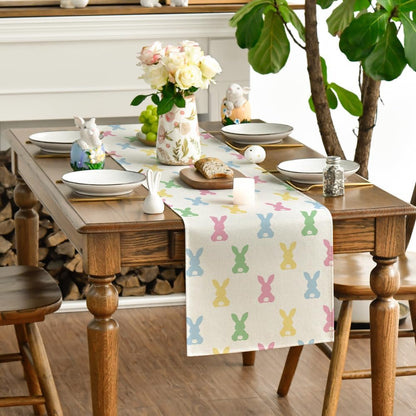 Green Pink Bunny Rabbit Easter Table Runner, Spring Kitchen Dining Table Decoration for Home Party Decor V1258-DP02-B-1583