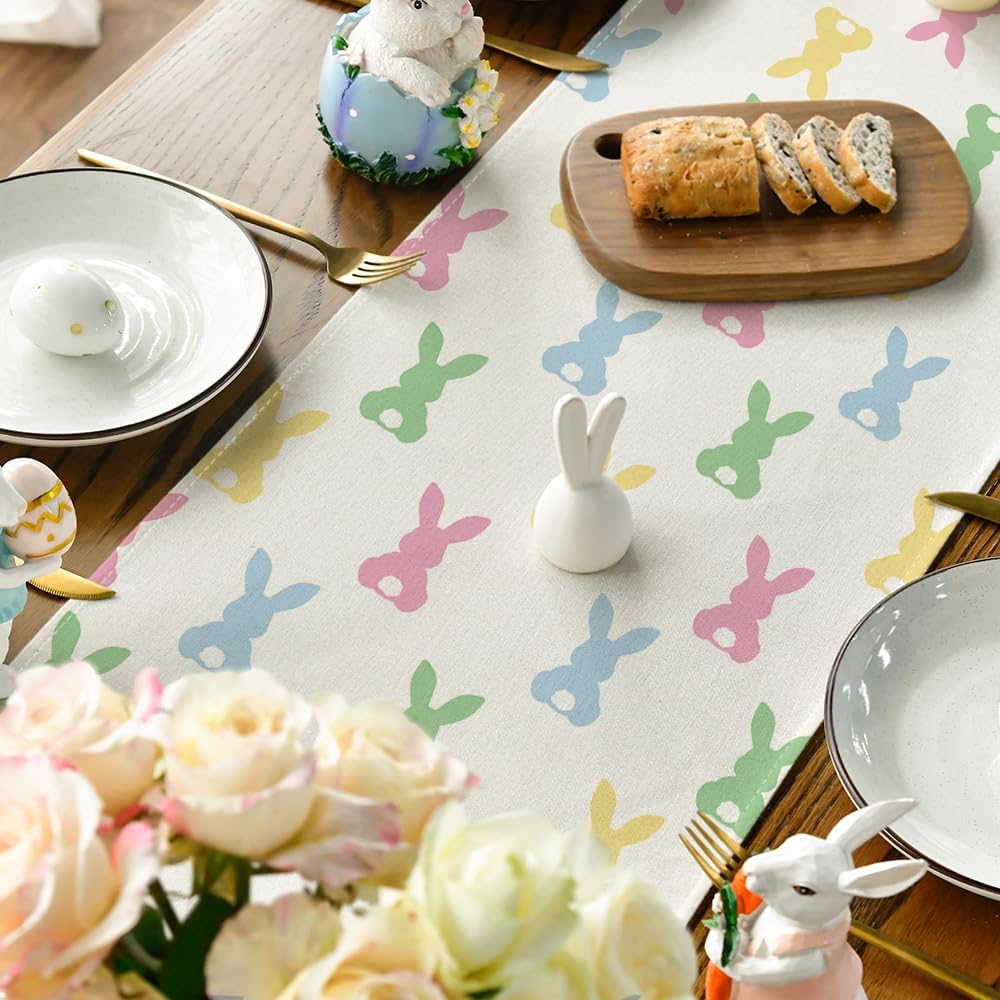 Green Pink Bunny Rabbit Easter Table Runner, Spring Kitchen Dining Table Decoration for Home Party Decor V1258-DP02-B-1583