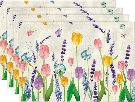 Lavender Tulip Spring Placemats for Dining Table, 12 x 18 Inch Summer Seasonal Holiday Decoration Rustic V1258-DP02-B-1584