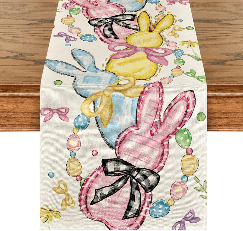 Floral Bow Bunny Rabbits Eggs Easter Table Runner, Seasonal Spring Kitchen Dining Table Decoration for Home V1258-DP02-B-1585