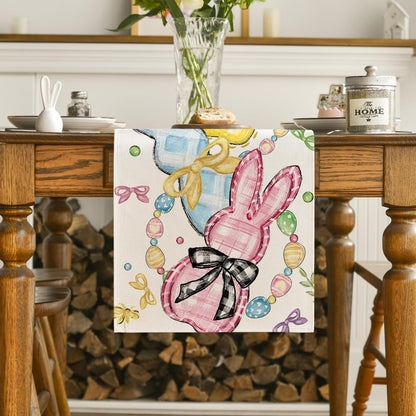 Floral Bow Bunny Rabbits Eggs Easter Table Runner, Seasonal Spring Kitchen Dining Table Decoration for Home V1258-DP02-B-1585