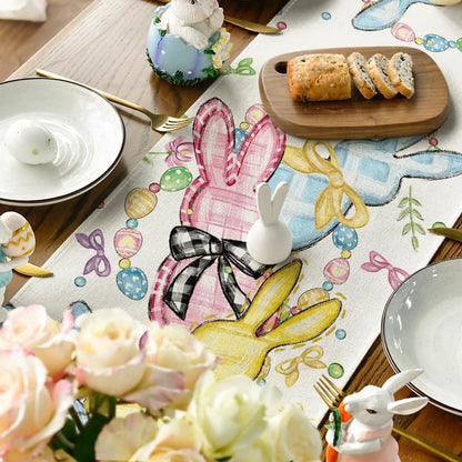 Floral Bow Bunny Rabbits Eggs Easter Table Runner, Seasonal Spring Kitchen Dining Table Decoration for Home V1258-DP02-B-1585