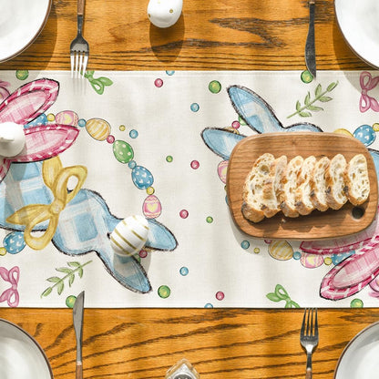 Floral Bow Bunny Rabbits Eggs Easter Table Runner, Seasonal Spring Kitchen Dining Table Decoration for Home V1258-DP02-B-1585