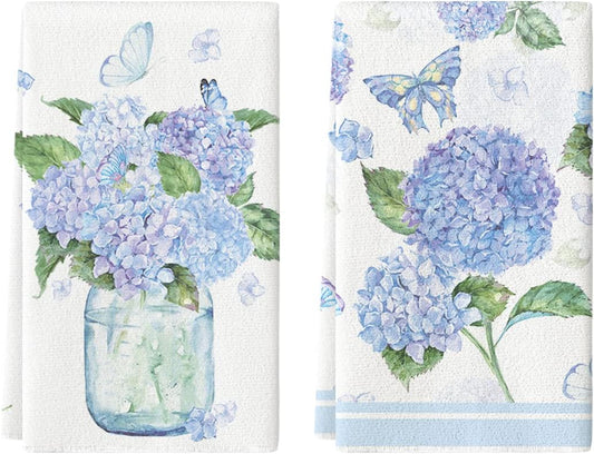 Hydrangea Vase Butterfly Spring Kitchen Towels Dish Towels, 18x26 Inch Summer Flowers Holiday Decoration Hand V1258-DP02-B-1586