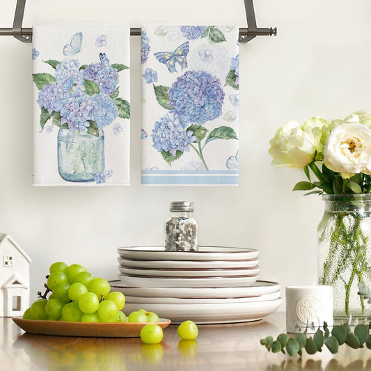 Hydrangea Vase Butterfly Spring Kitchen Towels Dish Towels, 18x26 Inch Summer Flowers Holiday Decoration Hand V1258-DP02-B-1586