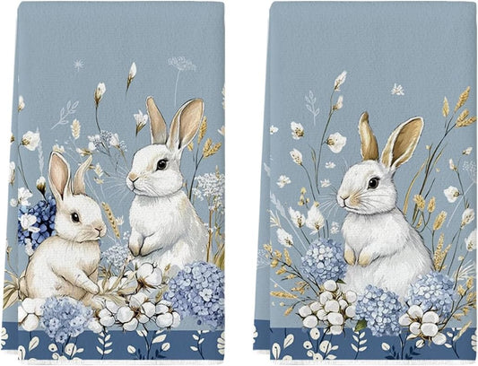 Bunny Hydrangea Easter Kitchen Towels Dish Towels, 18x26 Inch Spring Farmhouse Wild Flowers Decoration Hand V1258-DP02-B-1587