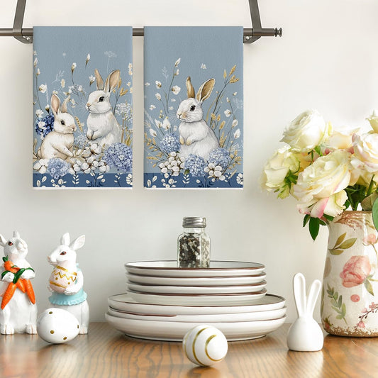 Bunny Hydrangea Easter Kitchen Towels Dish Towels, 18x26 Inch Spring Farmhouse Wild Flowers Decoration Hand V1258-DP02-B-1587