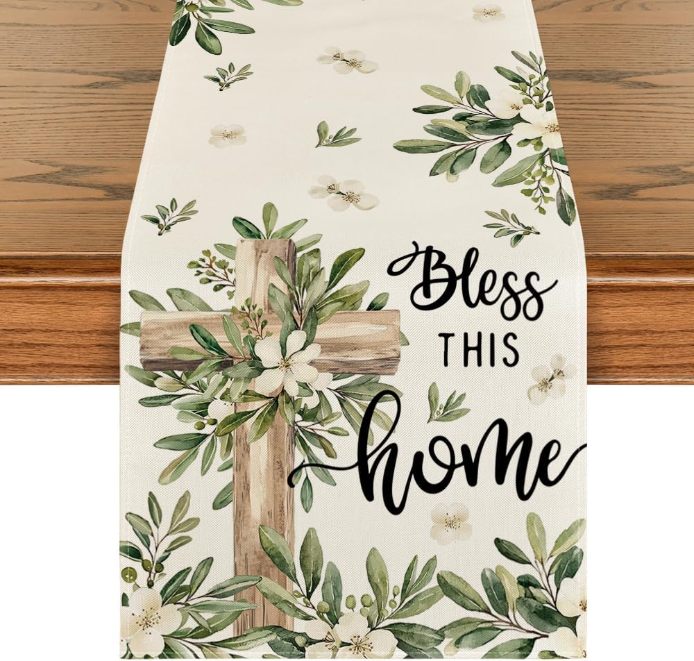 Cross Olive Leaves Spring Table Runner,Seasonal Summer Easter Kitchen Dining Table Decoration for Home Party V1258-DP02-B-1588