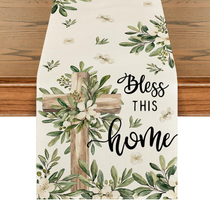 Cross Olive Leaves Spring Table Runner,Seasonal Summer Easter Kitchen Dining Table Decoration for Home Party V1258-DP02-B-1588