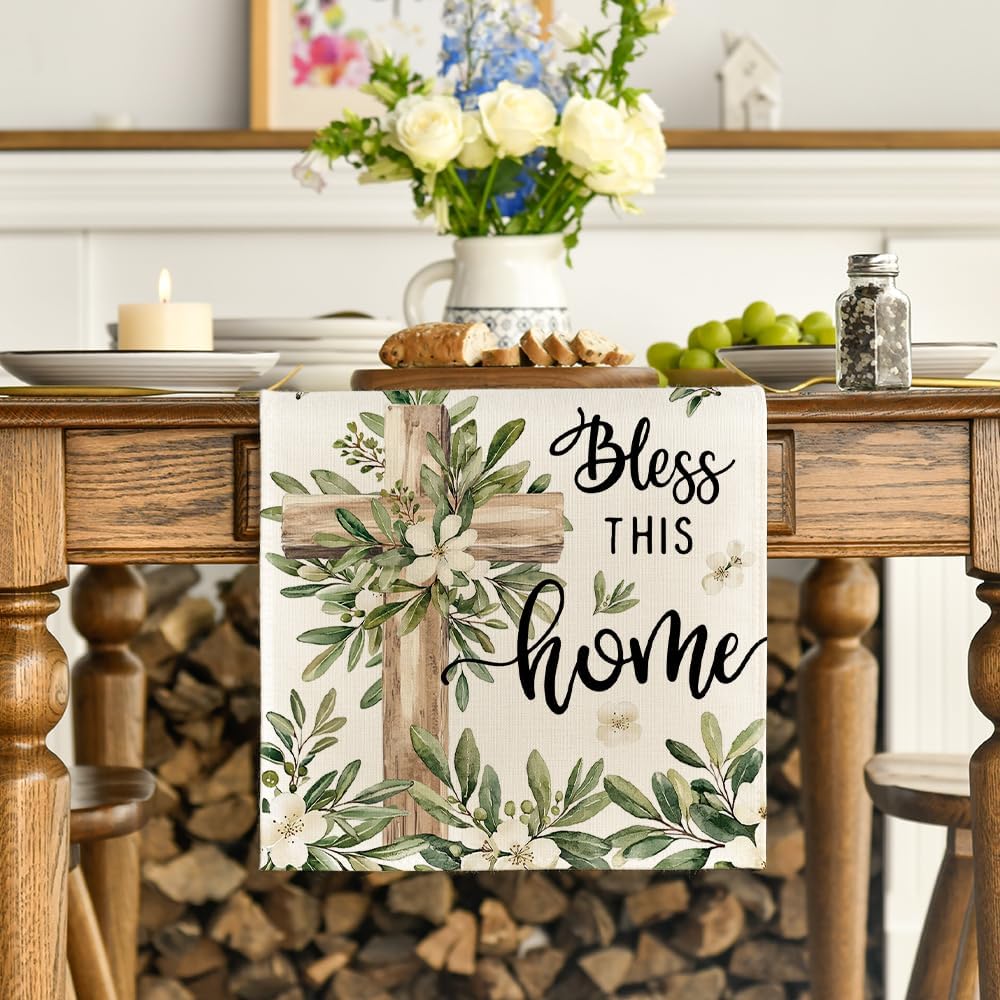 Cross Olive Leaves Spring Table Runner,Seasonal Summer Easter Kitchen Dining Table Decoration for Home Party V1258-DP02-B-1588