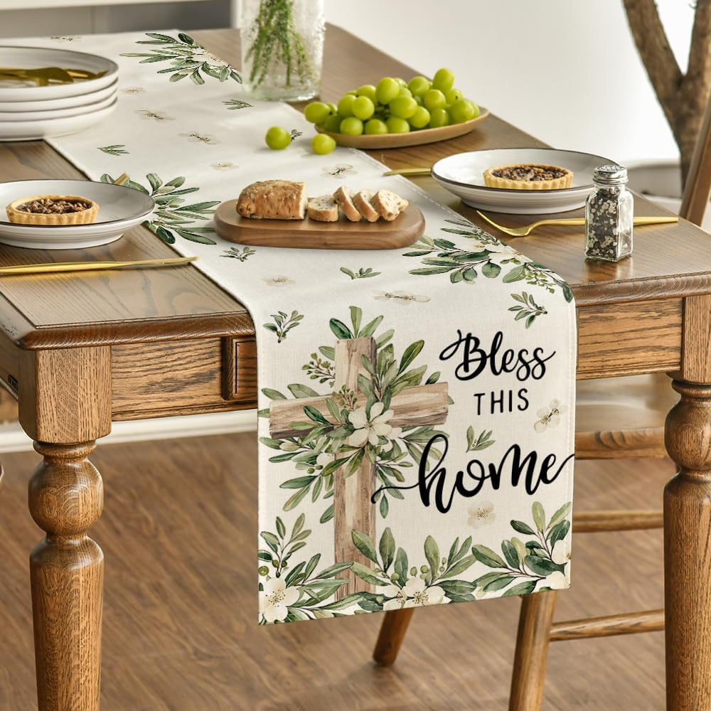 Cross Olive Leaves Spring Table Runner,Seasonal Summer Easter Kitchen Dining Table Decoration for Home Party V1258-DP02-B-1588