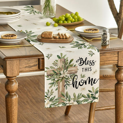 Cross Olive Leaves Spring Table Runner,Seasonal Summer Easter Kitchen Dining Table Decoration for Home Party V1258-DP02-B-1588