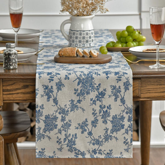 Monochrome Sketch Branch Toile Textures Chinoiserie Cotton Dark Grey Table Runner, Seasonal Retro Vintage V1258-DP02-B-1591