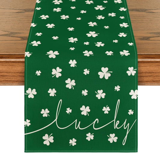 Green Lucky Shamrock St. Patrick's Day Table Runner, Seasonal Spring Holiday Kitchen Dining Table Decoration V1258-DP02-B-1593