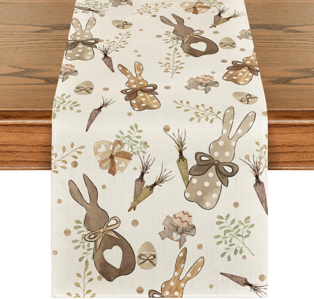 Bunny Rabbit Eucalyptus Eggs Carrots Easter Table Runner, Seasonal Spring Kitchen Dining Table Decoration for V1258-DP02-B-1594