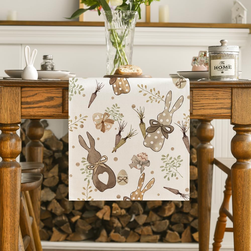 Bunny Rabbit Eucalyptus Eggs Carrots Easter Table Runner, Seasonal Spring Kitchen Dining Table Decoration for V1258-DP02-B-1594