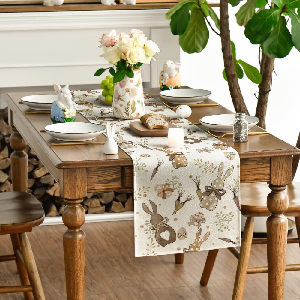 Bunny Rabbit Eucalyptus Eggs Carrots Easter Table Runner, Seasonal Spring Kitchen Dining Table Decoration for V1258-DP02-B-1594