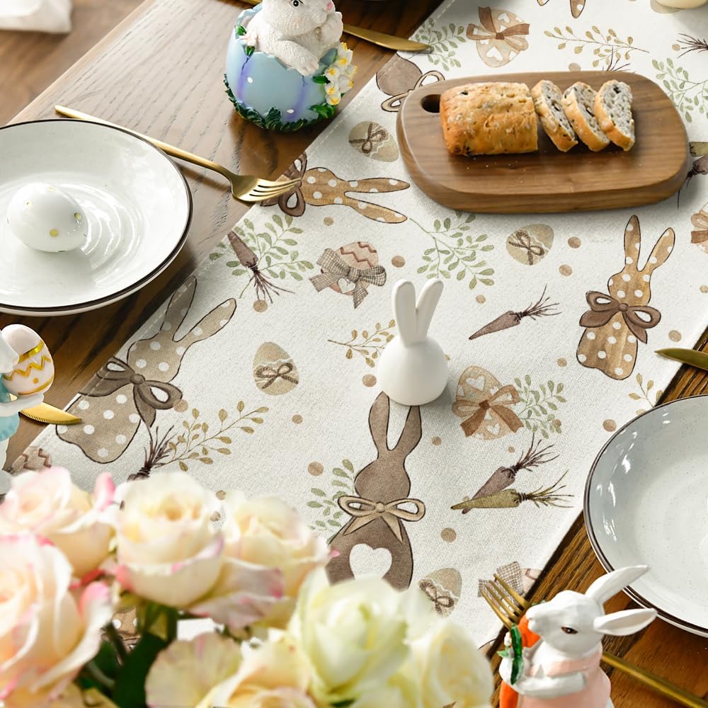 Bunny Rabbit Eucalyptus Eggs Carrots Easter Table Runner, Seasonal Spring Kitchen Dining Table Decoration for V1258-DP02-B-1594