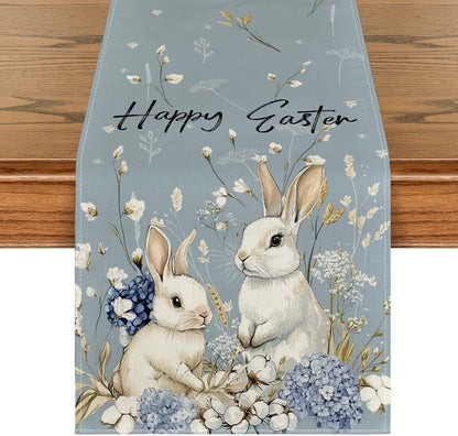 Bunny Rabbit Hydrangea Happy Easter Table Runner, Seasonal Spring Kitchen Dining Table Decoration for Home V1258-DP02-B-1595
