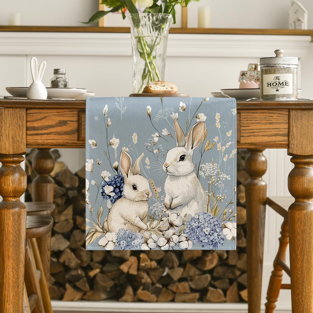 Bunny Rabbit Hydrangea Happy Easter Table Runner, Seasonal Spring Kitchen Dining Table Decoration for Home V1258-DP02-B-1595