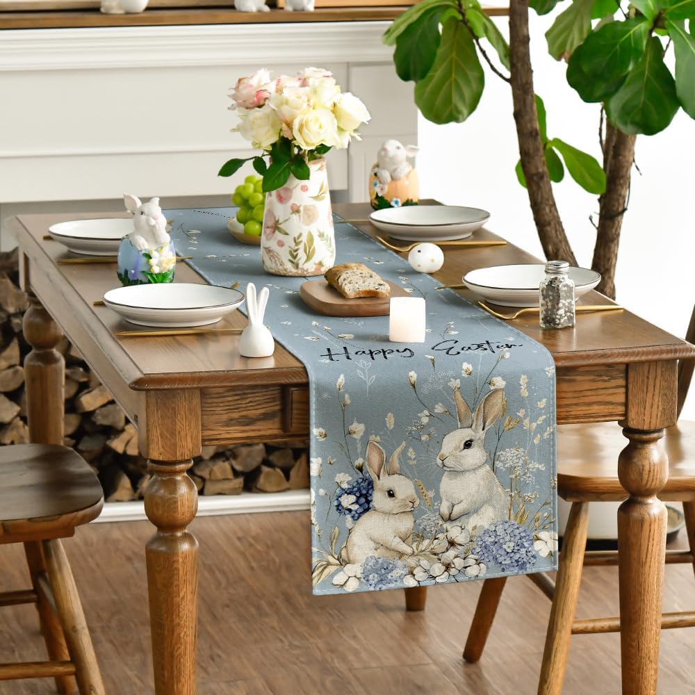 Bunny Rabbit Hydrangea Happy Easter Table Runner, Seasonal Spring Kitchen Dining Table Decoration for Home V1258-DP02-B-1595