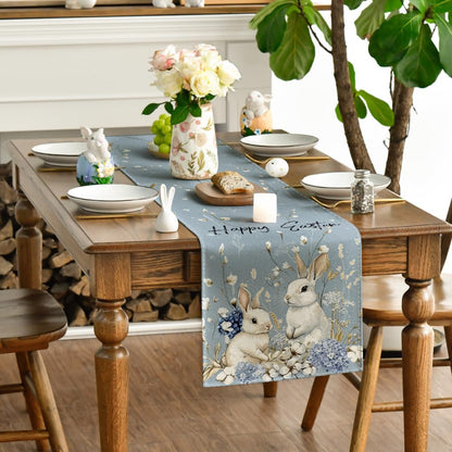 Bunny Rabbit Hydrangea Happy Easter Table Runner, Seasonal Spring Kitchen Dining Table Decoration for Home V1258-DP02-B-1595