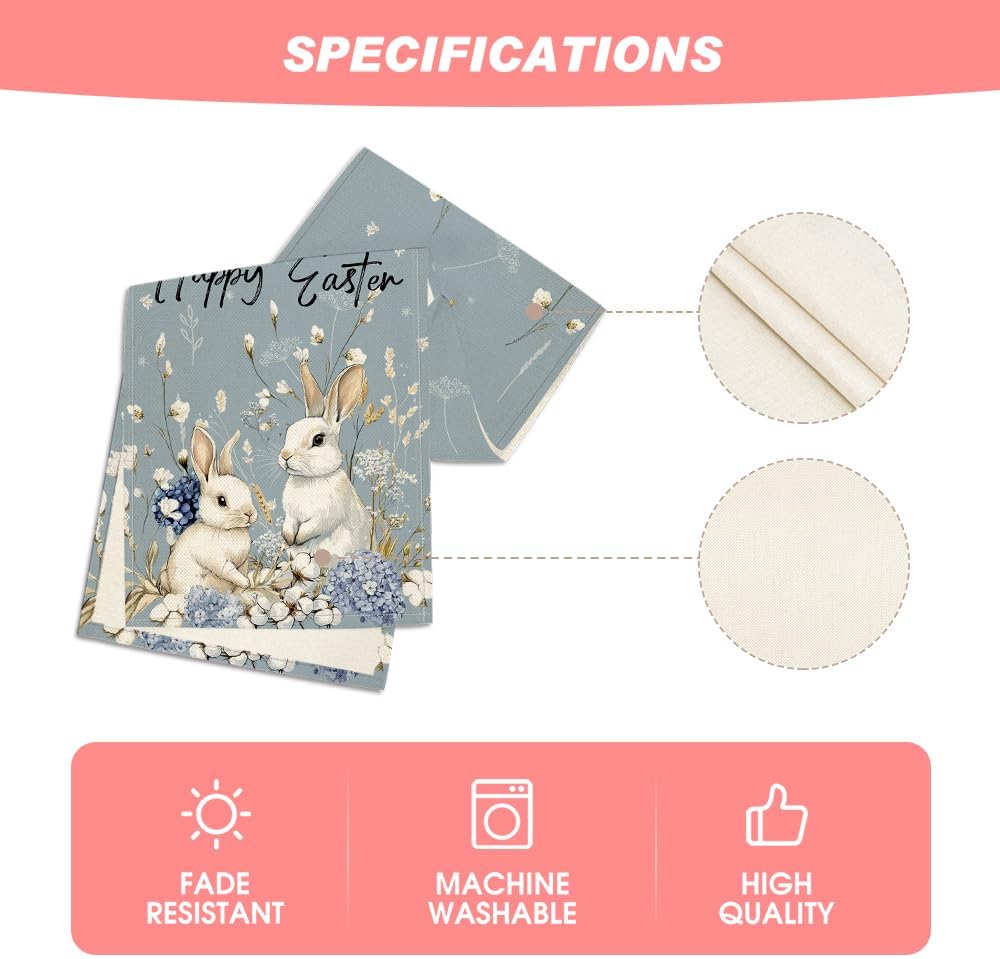 Bunny Rabbit Hydrangea Happy Easter Table Runner, Seasonal Spring Kitchen Dining Table Decoration for Home V1258-DP02-B-1595