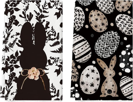 Black Bunny Eggs Flower Easter Kitchen Towels Dish Towels, 18x26 Inch Spring Farmhouse Leaves Decoration Hand V1258-DP02-B-1597