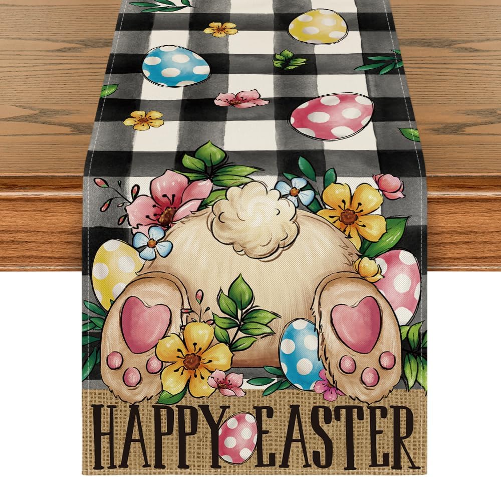Buffalo Plaid Bunny Egg Flowers Happy Easter Table Runner, Seasonal Spring Kitchen Dining Table Decor for V1258-DP02-B-1598