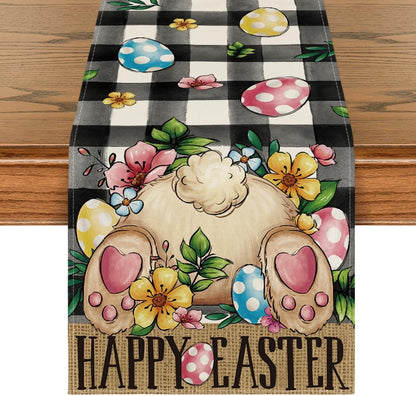 Buffalo Plaid Bunny Egg Flowers Happy Easter Table Runner, Seasonal Spring Kitchen Dining Table Decor for V1258-DP02-B-1598