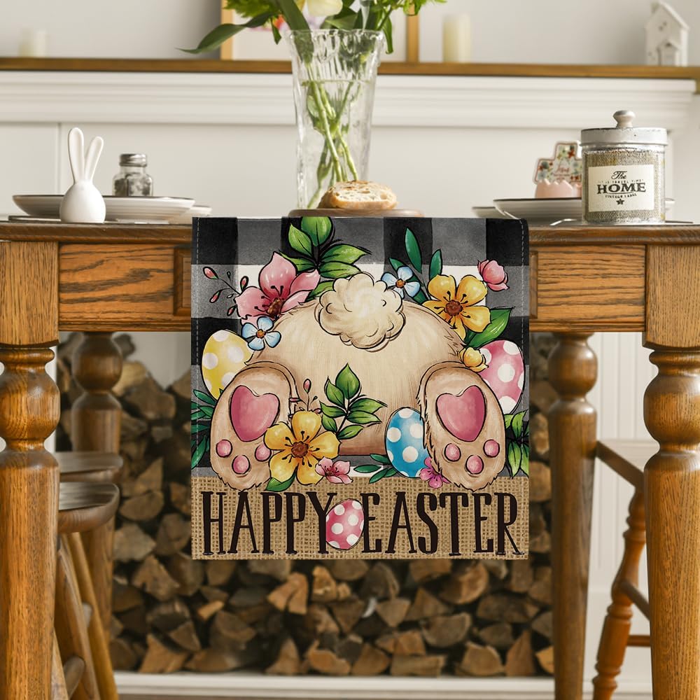 Buffalo Plaid Bunny Egg Flowers Happy Easter Table Runner, Seasonal Spring Kitchen Dining Table Decor for V1258-DP02-B-1598