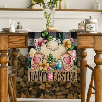 Buffalo Plaid Bunny Egg Flowers Happy Easter Table Runner, Seasonal Spring Kitchen Dining Table Decor for V1258-DP02-B-1598