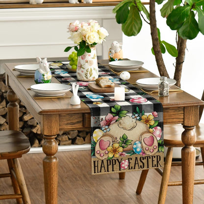 Buffalo Plaid Bunny Egg Flowers Happy Easter Table Runner, Seasonal Spring Kitchen Dining Table Decor for V1258-DP02-B-1598