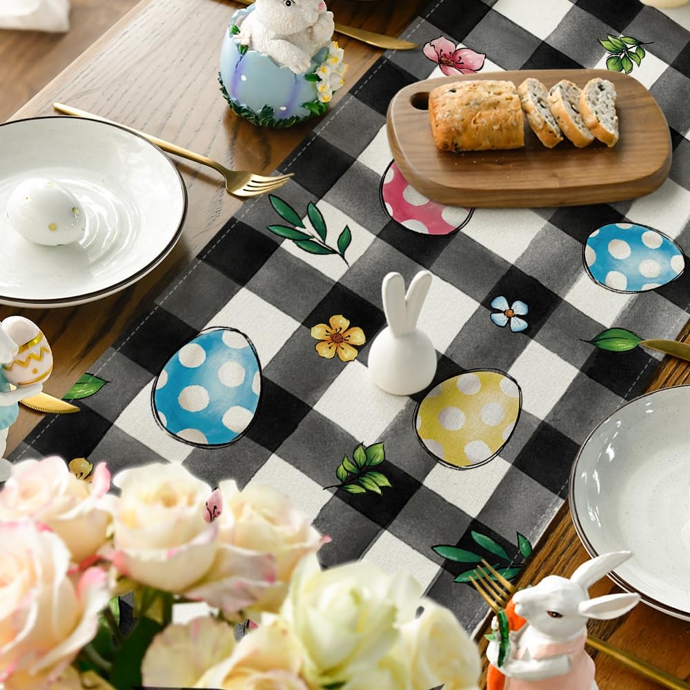 Buffalo Plaid Bunny Egg Flowers Happy Easter Table Runner, Seasonal Spring Kitchen Dining Table Decor for V1258-DP02-B-1598