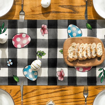 Buffalo Plaid Bunny Egg Flowers Happy Easter Table Runner, Seasonal Spring Kitchen Dining Table Decor for V1258-DP02-B-1598