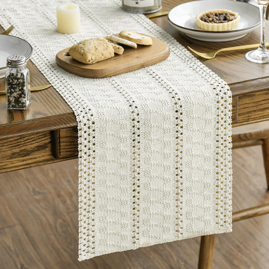 Beige Farmhouse Woven Rustic Hollow Table Runner, Seasonal Holiday Hollow Kitchen Dining Table Decoration for V1258-DP02-B-1599