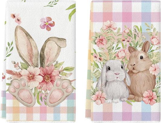 Colorful Buffalo Plaid Bunny Rabbit Flower Easter Kitchen Towels Dish Towels, 18x26 Inch Seasonal Decoration V1258-DP02-B-1601