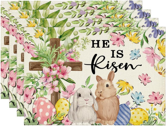 Bunny Rabbits Flower Colorful Eggs Easter Placemats Set of 4, 12x18 Inch Seasonal Spring Table Mats for Party V1258-DP02-B-1603