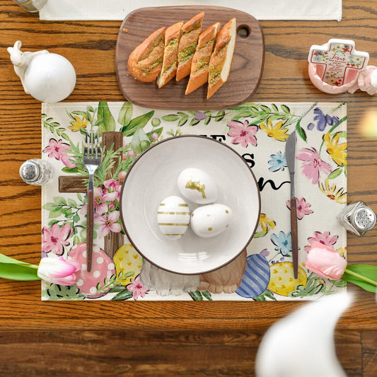 Bunny Rabbits Flower Colorful Eggs Easter Placemats Set of 4, 12x18 Inch Seasonal Spring Table Mats for Party V1258-DP02-B-1603