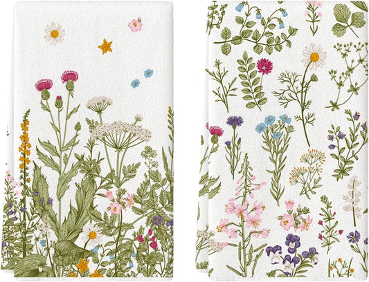 Wildflower Floral Kitchen Towels Dish Towels, 18x26 Inch Leaves Holiday Decoration Hand Towels Set of 2 V1258-DP02-B-1604