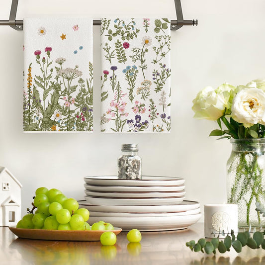 Wildflower Floral Kitchen Towels Dish Towels, 18x26 Inch Leaves Holiday Decoration Hand Towels Set of 2 V1258-DP02-B-1604